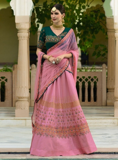 Pink green silk Indian wedding lehenga choli 809