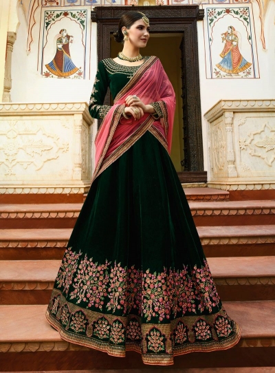 Green pink silk Indian wedding lehenga choli 811