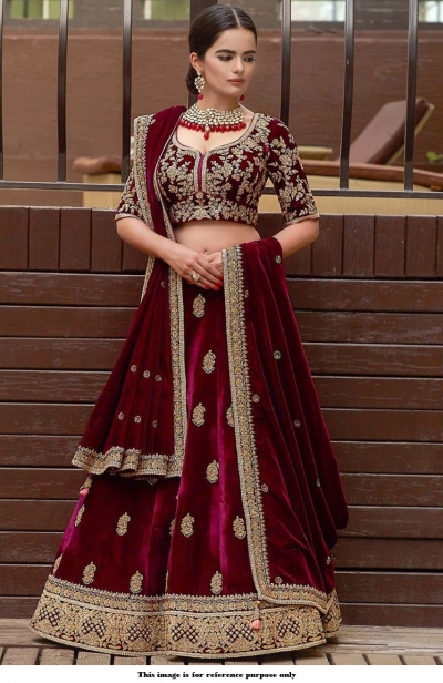 Bollywood Model Velvet maroon color wedding lehenga