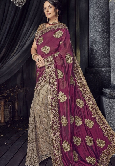 Magenta Color satin silk designer party wear saree