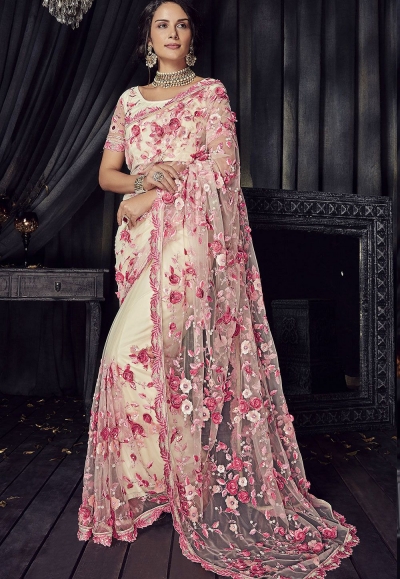 White and pink net Color designer party wear saree