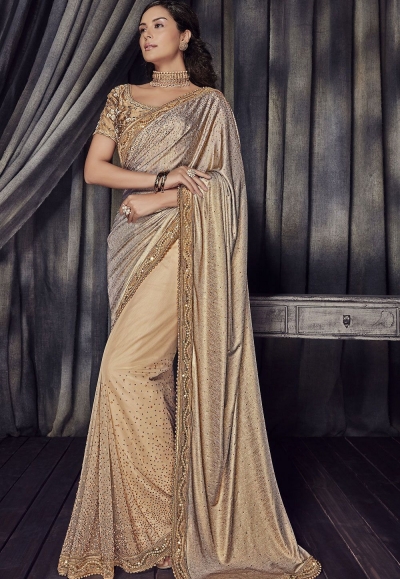 Beige and gold Color lycra designer party wear saree