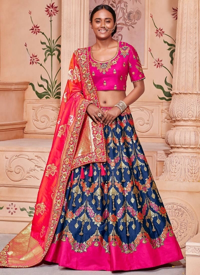 Blue and pink Banarasi silk wedding lehenga choli