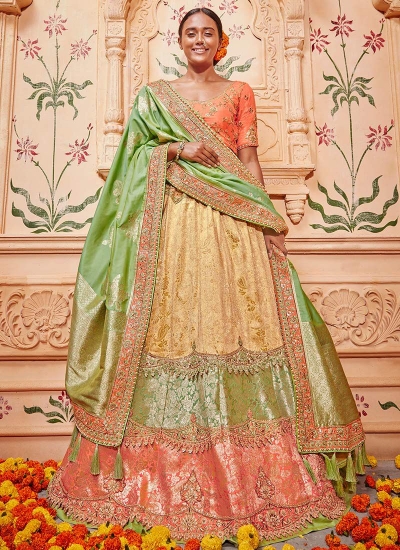 Beige and pink Banarasi silk wedding lehenga choli