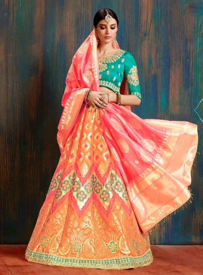 Peach pure banarasi silk Indian wedding lehenga choli 62003