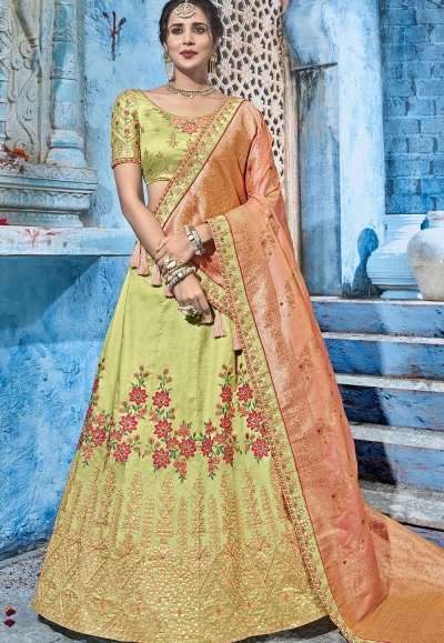 Green and Peach silk Indian wedding lehenga choli 1006