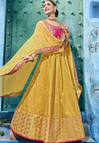 Yellow and pink silk Indian wedding lehenga choli 1008