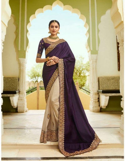 Beige purple silk Indian wedding wear saree 5012