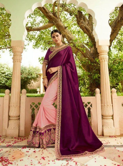 Purple pink green silk Indian wedding wear saree 5019