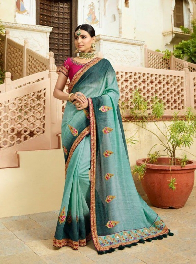 Green shaded and pink silk Indian wedding wear saree 5020