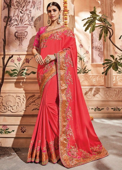 Salmon silk Indian wedding wear saree 1902