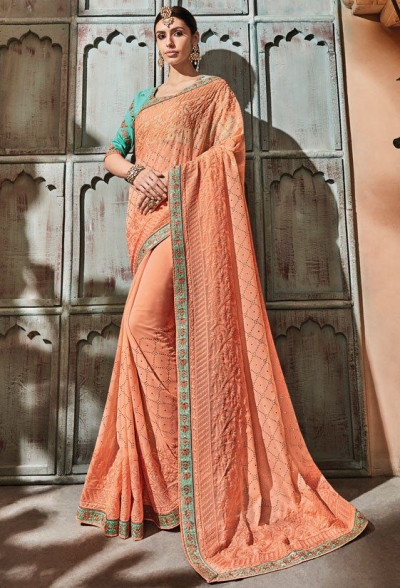 Peach silk Indian wedding wear saree 1910