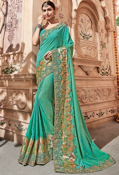 Turquoise silk Indian wedding wear saree 1912