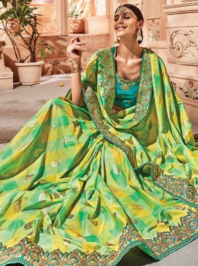 Green yellow check silk Indian wedding wear saree 1913