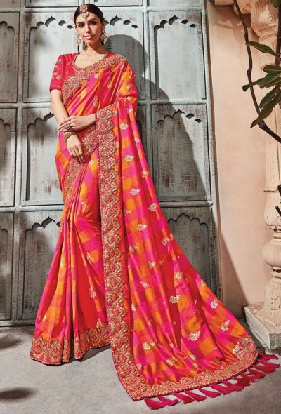 Peach pink check silk Indian wedding wear saree 1914