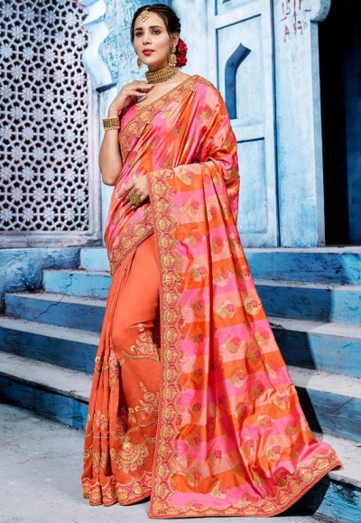 Orange and pink color silk Indian wedding wear saree 1104