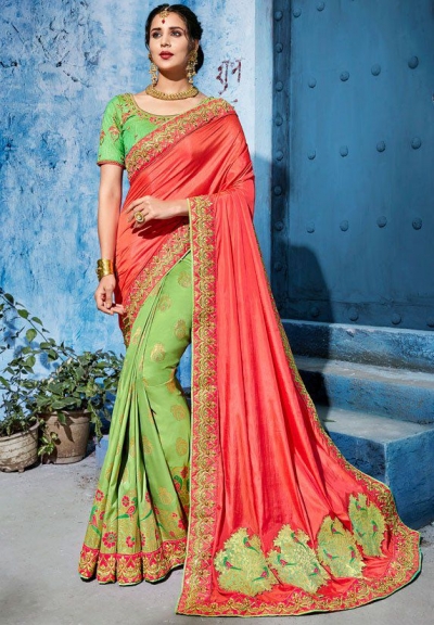 Salmon green color silk Indian wedding wear saree 1109