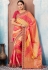 Pink yellow checked Indian wedding wear silk saree 7006