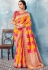 Yellow red checked Indian wedding wear silk saree 7010