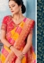 Yellow red checked Indian wedding wear silk saree 7010