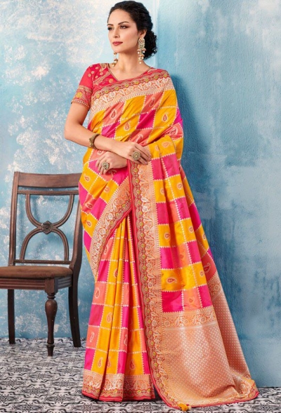 Yellow red checked Indian wedding wear silk saree 7010