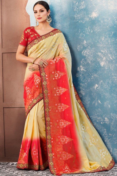 Off white red Indian wedding wear silk saree 7011