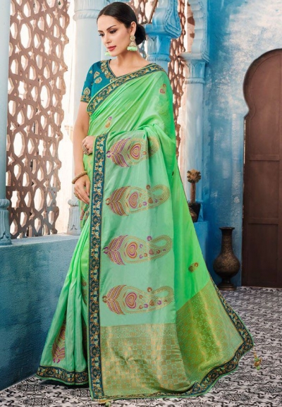 Green Indian wedding wear silk saree 7012