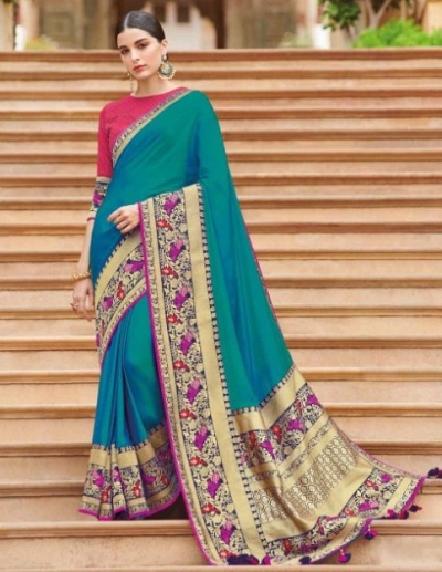 Teal banarasi weaving silk Indian wedding saree 1001