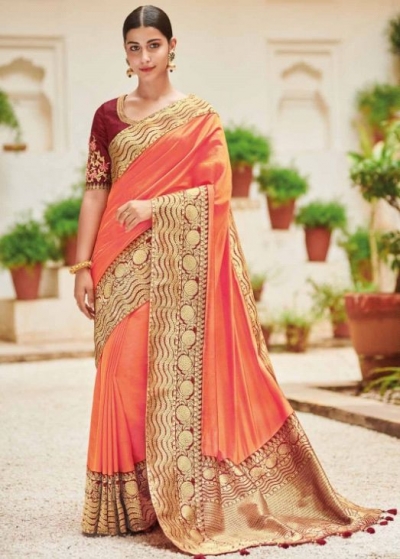 Peach banarasi weaving silk Indian wedding saree 1002
