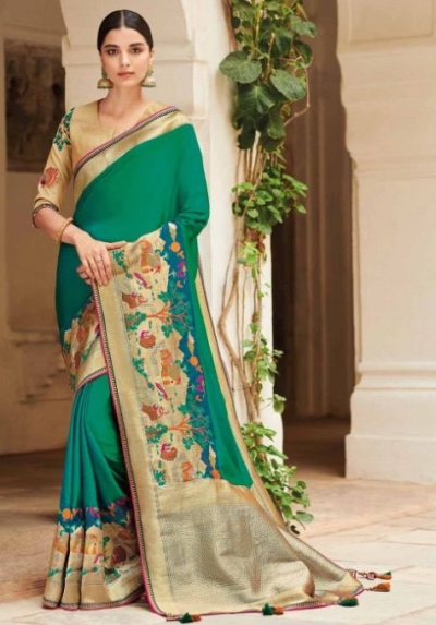 Green banarasi weaving silk Indian wedding saree 1003