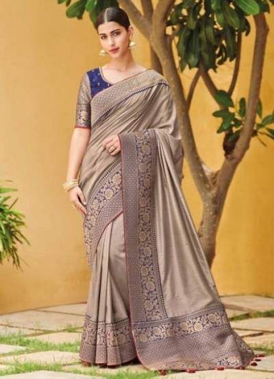 Grey banarasi weaving silk Indian wedding saree 1009