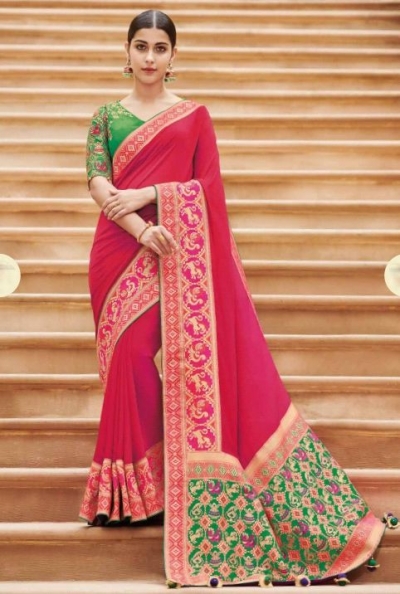 Pink banarasi weaving silk Indian wedding saree 1015