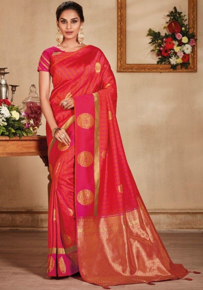 Salmon color silk Indian wedding saree 932