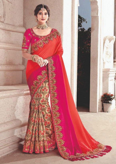 Cream pink fancy silk Indian wedding saree 2307