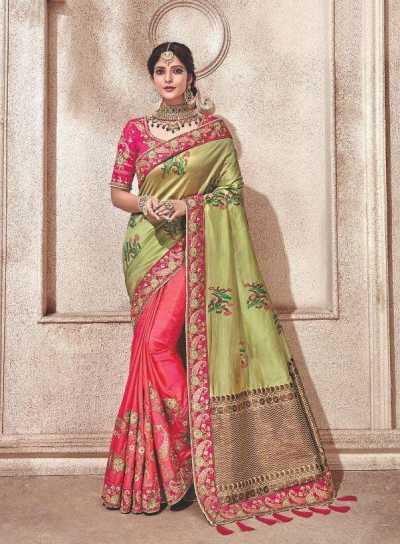 Green pink fancy silk Indian wedding saree 2309