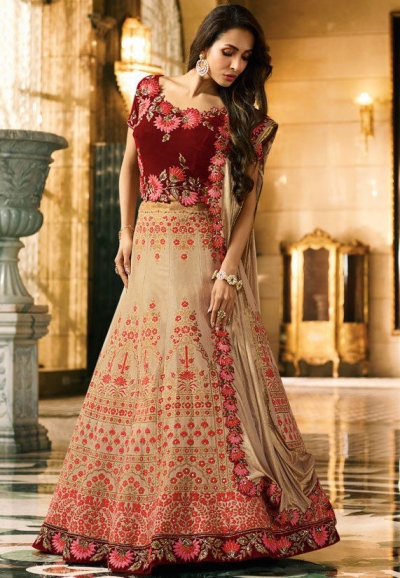 Malaika arora khan Beige maroon silk Indian wedding Lehenga choli 13192