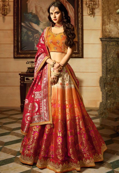 Offwhite Orange red silk Indian wedding Lehenga choli 13197