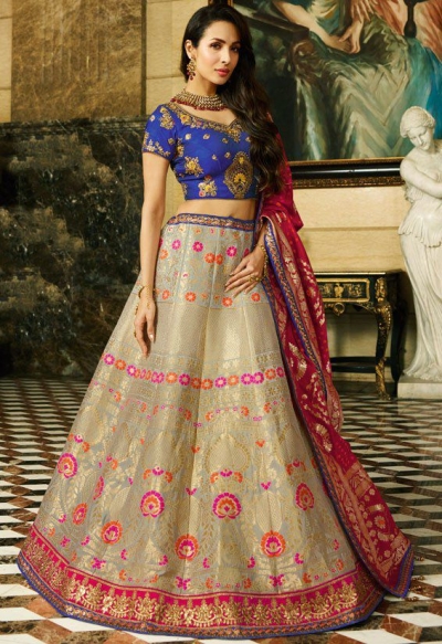 Malaika arora khan Grey blue silk Indian wedding Lehenga choli 13198