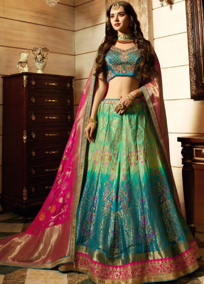 Turquoise rama green silk Indian wedding Lehenga choli 13199