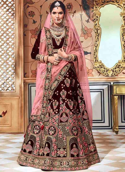 Wine velvet embroidered heavy designer Indian wedding lehenga choli 4709