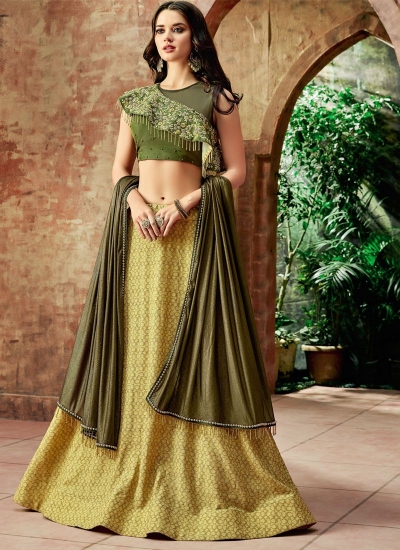 Indian wedding yellow and olivegreen silk wedding lehenga 7708