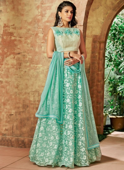 Indian wedding seagreen and offwhite tissue wedding lehenga 7715