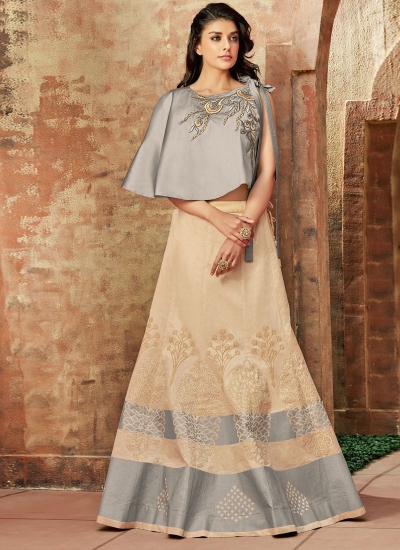 Indian wedding cream and grey silk wedding lehenga 7717