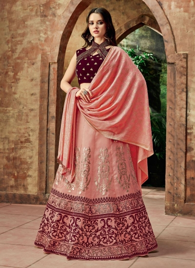 Indian wedding pink and wine silk wedding lehenga 7718