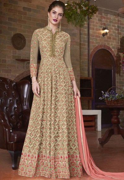 Beige pink net Indian wedding wear anarkali suit 4501