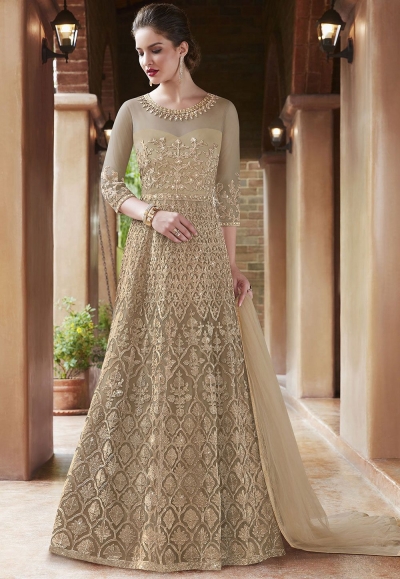 Beige net Indian wedding wear anarkali suit 4506