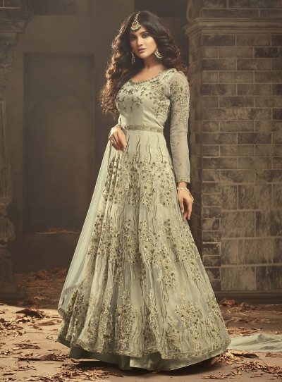 Mild green Indian hand work net wedding wear anarkali suit 56002