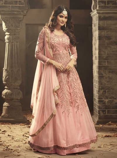 Blush pink Indian hand work net wedding wear anarkali suit 56003