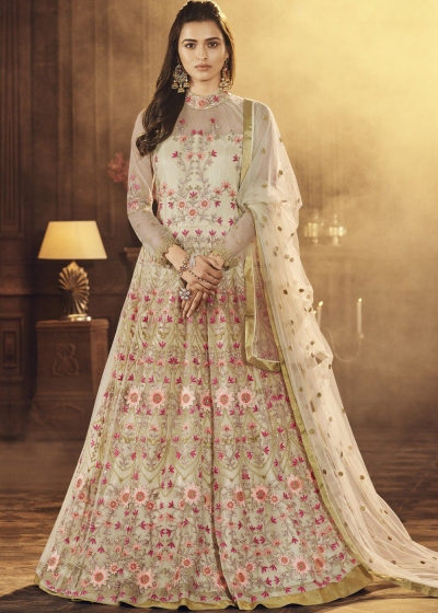 Cream color net designer party wear anarkali