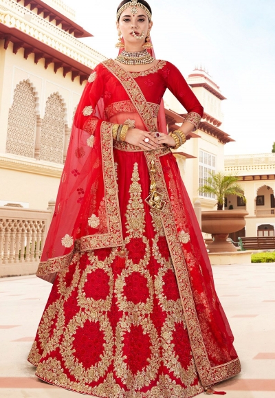 Red pure satin silk Indian wedding lehenga